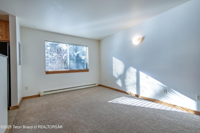 carpeted empty room with a baseboard radiator