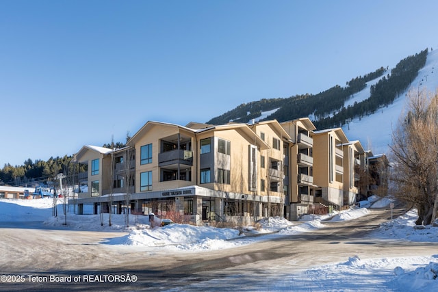 snow covered property featuring a mountain view