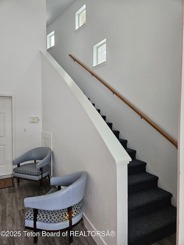 staircase with hardwood / wood-style flooring and a towering ceiling