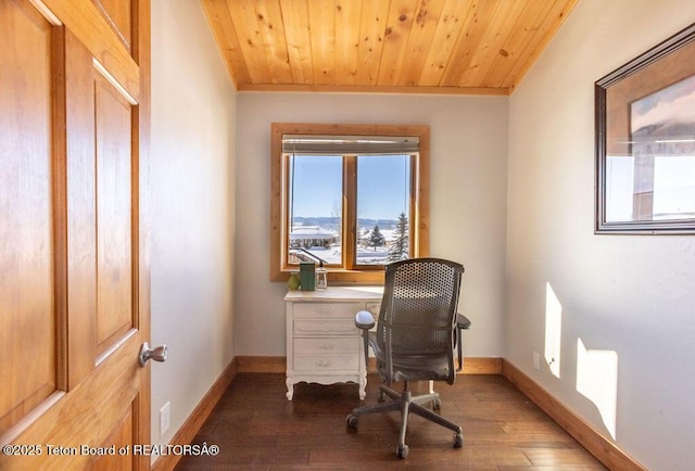 office with wood-type flooring, a mountain view, and wooden ceiling