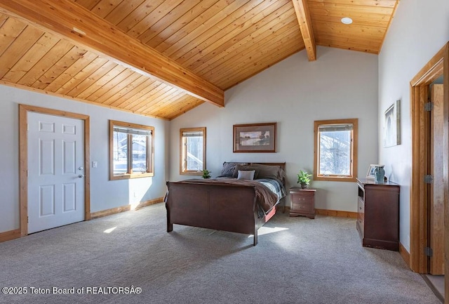 carpeted bedroom featuring high vaulted ceiling, wood ceiling, and beam ceiling