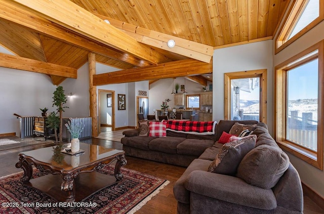 living room with beamed ceiling, high vaulted ceiling, hardwood / wood-style floors, and wooden ceiling