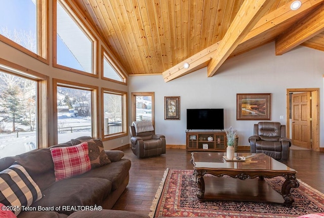 living room with wooden ceiling, high vaulted ceiling, dark hardwood / wood-style floors, and beamed ceiling