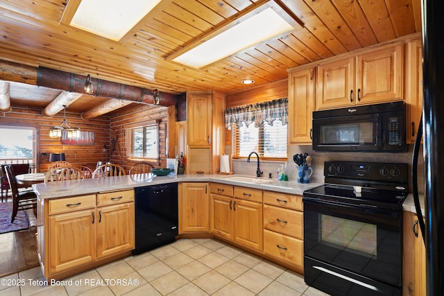 kitchen featuring sink, wood ceiling, a skylight, black appliances, and kitchen peninsula