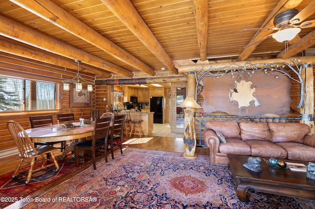 living room featuring wood ceiling, beam ceiling, rustic walls, and hardwood / wood-style floors