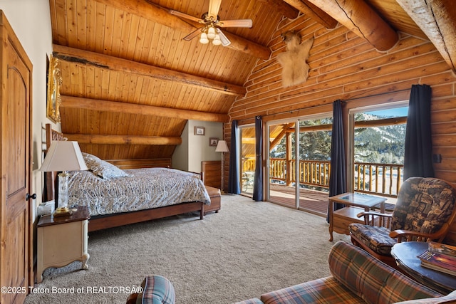 bedroom featuring wood ceiling, vaulted ceiling with beams, carpet floors, log walls, and access to outside