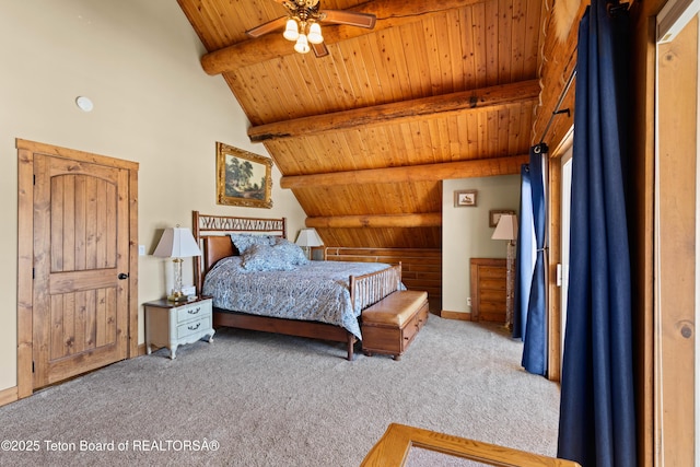 carpeted bedroom with lofted ceiling with beams and wooden ceiling