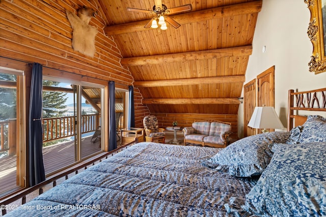 bedroom with wood ceiling, rustic walls, high vaulted ceiling, access to outside, and beamed ceiling