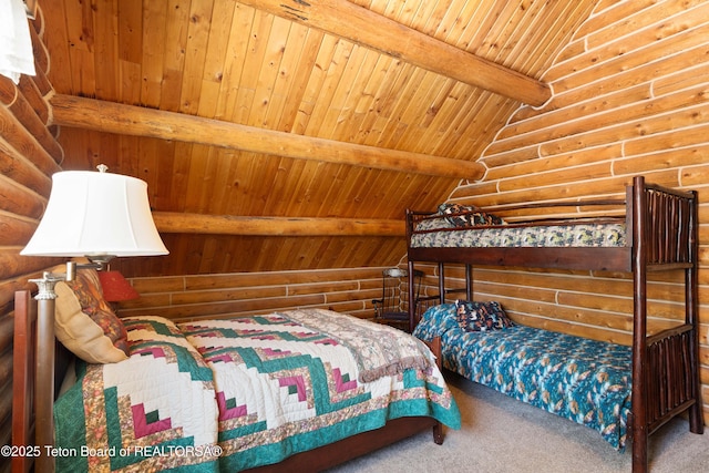 carpeted bedroom featuring wood ceiling, vaulted ceiling with beams, and log walls