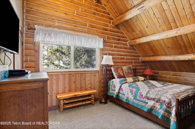 carpeted bedroom featuring lofted ceiling with beams and wooden ceiling