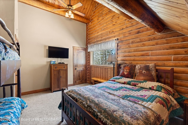 carpeted bedroom with ceiling fan, high vaulted ceiling, wooden ceiling, and beam ceiling