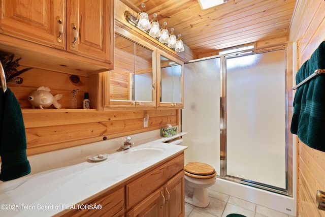 bathroom featuring toilet, a shower with shower door, wood ceiling, vanity, and tile patterned flooring