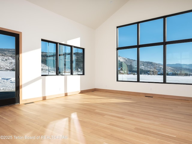 spare room with a mountain view, light hardwood / wood-style flooring, and high vaulted ceiling