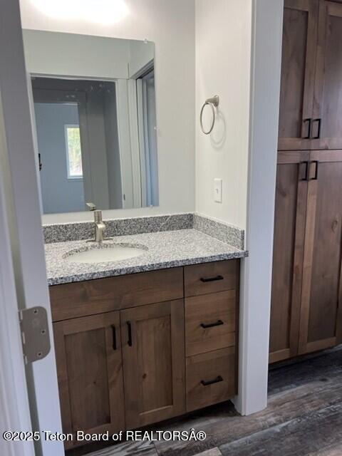 bathroom with vanity and wood-type flooring