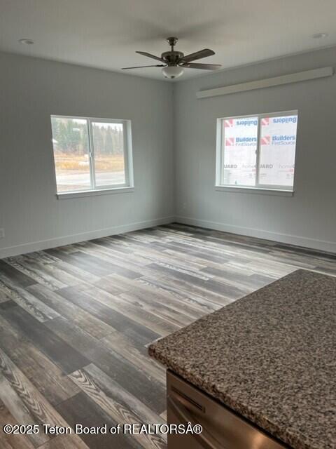 spare room with wood-type flooring, plenty of natural light, and ceiling fan