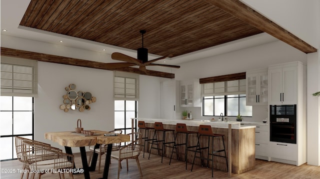 kitchen with wooden ceiling, light hardwood / wood-style flooring, and white cabinets