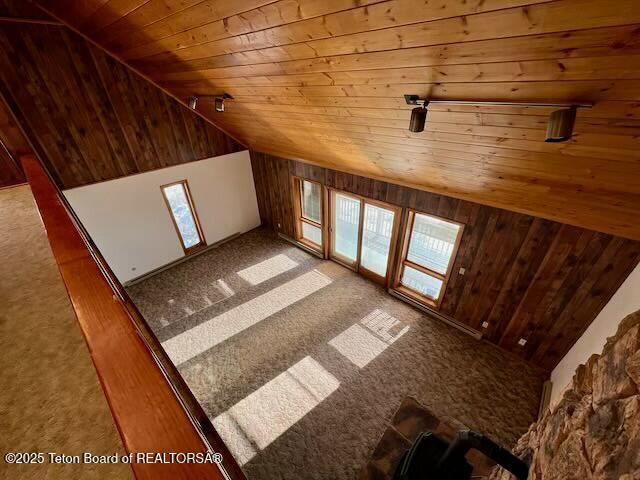 additional living space with vaulted ceiling, carpet, wooden ceiling, and wood walls