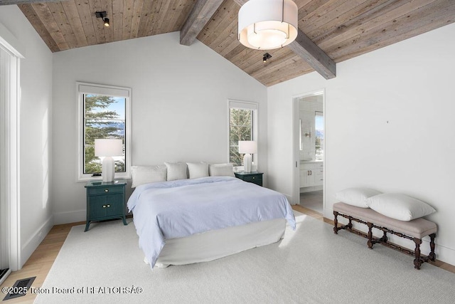 bedroom with vaulted ceiling with beams, wood ceiling, light hardwood / wood-style flooring, and ensuite bathroom