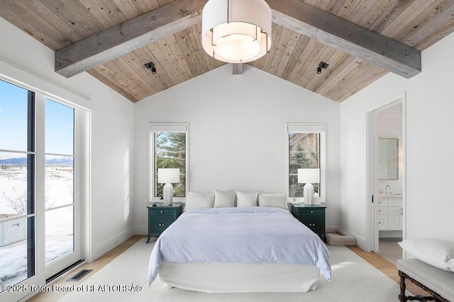 bedroom featuring ensuite bathroom, vaulted ceiling with beams, wooden ceiling, and light hardwood / wood-style flooring