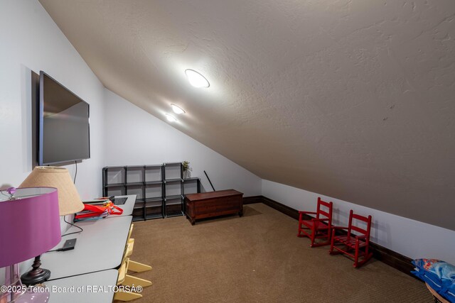 380 Cottongrass Rd, Driggs, ID 83422 - recreation room featuring lofted ceiling, a textured ceiling, carpet floors, and baseboards
