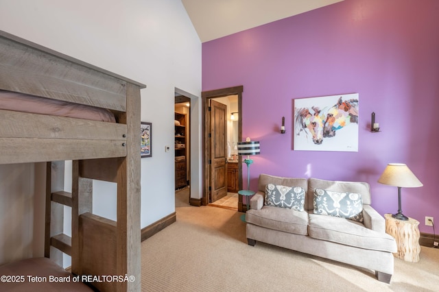 380 Cottongrass Rd, Driggs, ID 83422 - living room with carpet, high vaulted ceiling, and baseboards