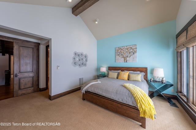380 Cottongrass Rd, Driggs, ID 83422 - bedroom with carpet, beamed ceiling, high vaulted ceiling, and baseboards