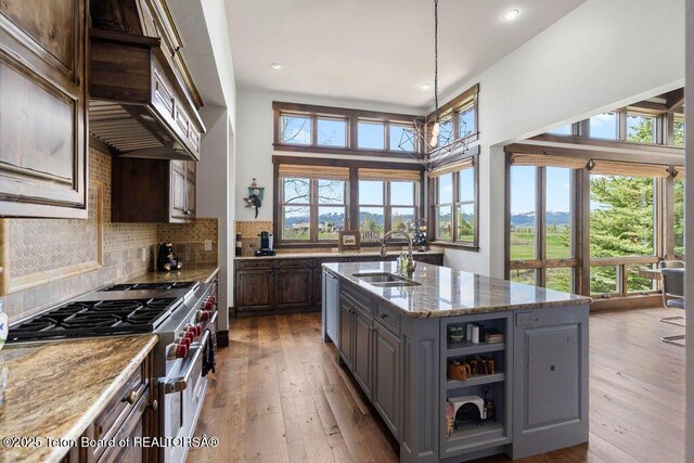 380 Cottongrass Rd, Driggs, ID 83422 - kitchen with a sink, gray cabinetry, double oven range, wood-type flooring, and backsplash