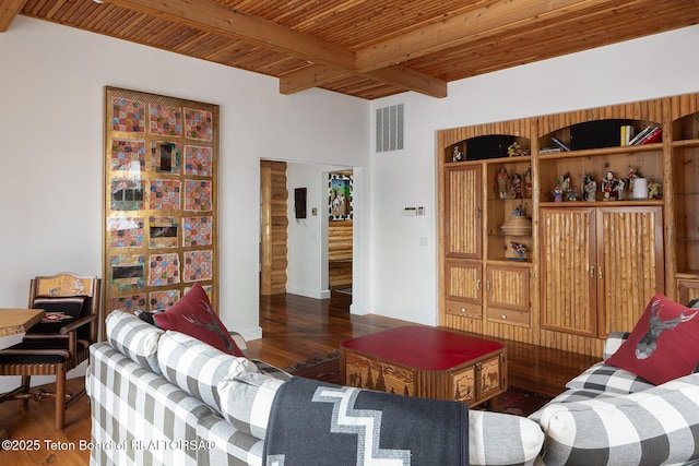 living room featuring wood ceiling, beam ceiling, visible vents, and wood finished floors