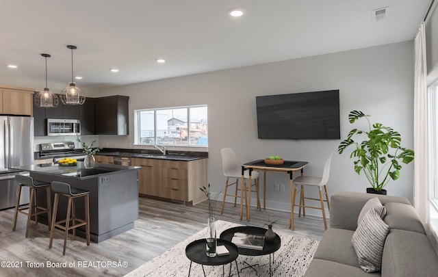 kitchen with hanging light fixtures, stainless steel appliances, a kitchen breakfast bar, light hardwood / wood-style floors, and a kitchen island