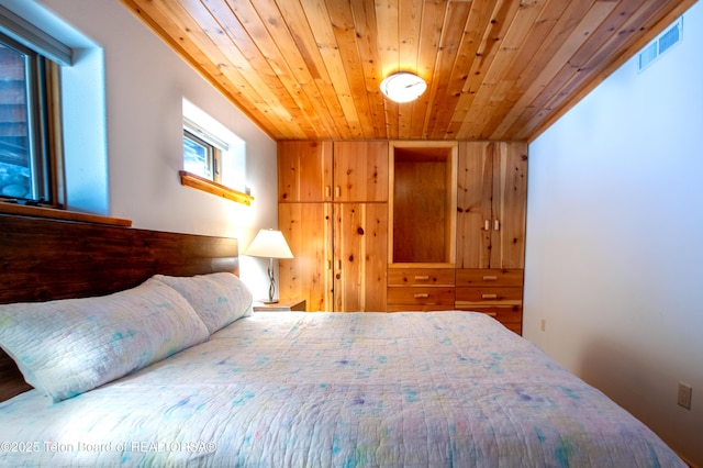 bedroom with wooden ceiling and visible vents