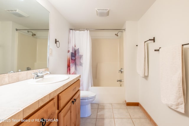 bathroom featuring tile patterned flooring, toilet, shower / tub combo, vanity, and visible vents