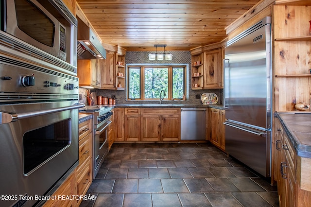 kitchen with open shelves, dark countertops, brown cabinetry, built in appliances, and wooden ceiling