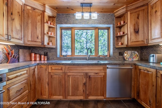 kitchen with brown cabinets, open shelves, dark countertops, decorative backsplash, and a sink