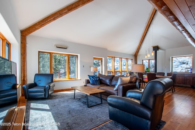 living room with high vaulted ceiling, beamed ceiling, baseboards, and wood finished floors