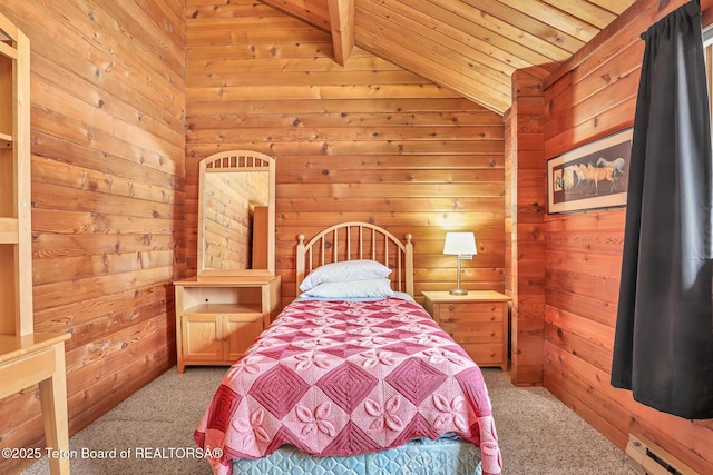 carpeted bedroom with vaulted ceiling with beams, wooden walls, and baseboard heating