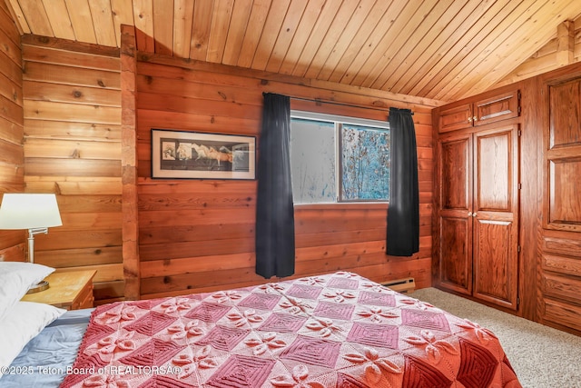 carpeted bedroom with wood ceiling, vaulted ceiling, and wood walls