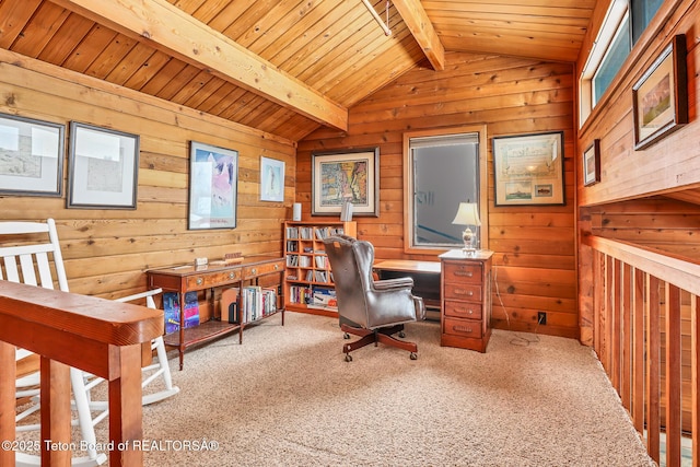 office featuring lofted ceiling with beams, carpet flooring, wooden ceiling, and wooden walls