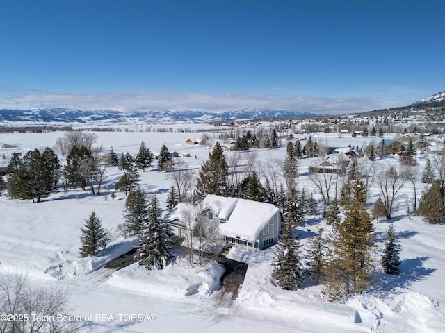 snowy aerial view with a mountain view