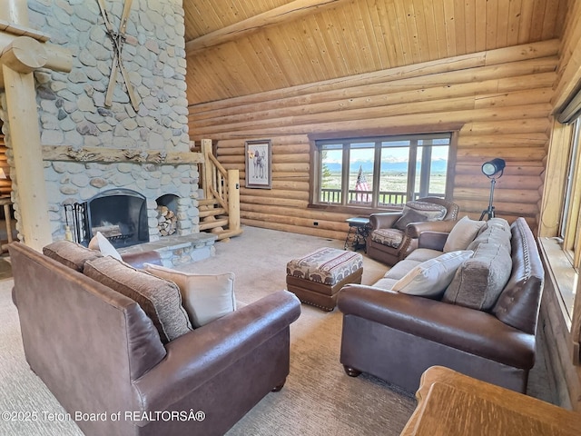 6352 W 1170 N, Driggs, ID 83442 - carpeted living room featuring wood ceiling with exposed beams, log walls, high vaulted ceiling, and a fireplace