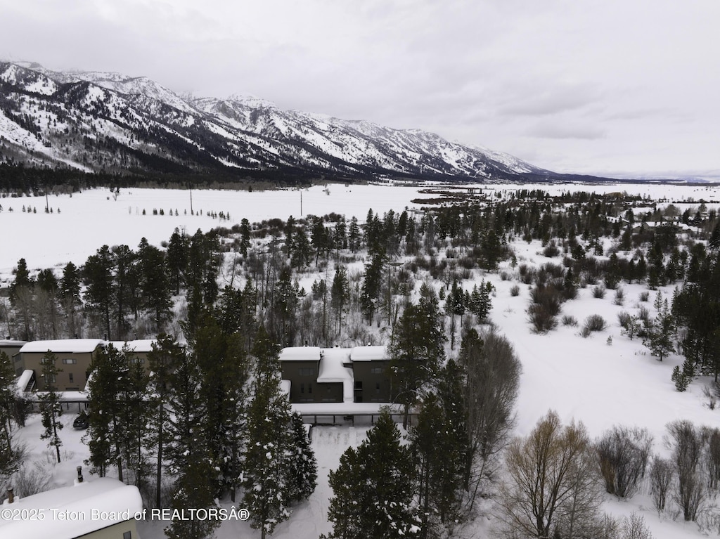 snowy aerial view featuring a mountain view