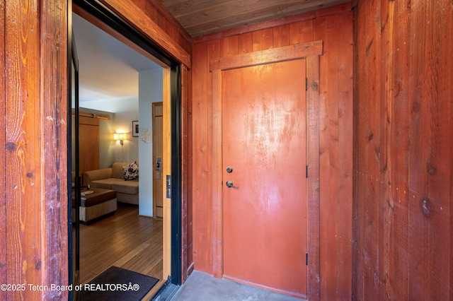 hallway featuring wooden walls, a barn door, and wood-type flooring