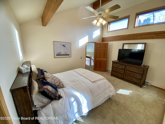 bedroom with high vaulted ceiling, light carpet, a ceiling fan, baseboard heating, and beamed ceiling