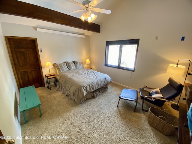 carpeted bedroom featuring high vaulted ceiling, beam ceiling, baseboards, and a ceiling fan