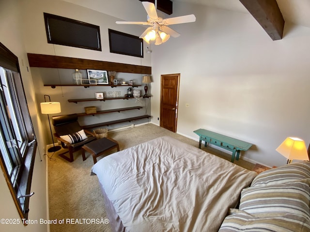 carpeted bedroom featuring ceiling fan, high vaulted ceiling, and beamed ceiling