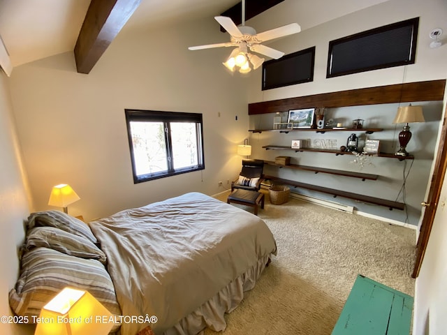 bedroom featuring carpet floors, baseboards, high vaulted ceiling, and beam ceiling