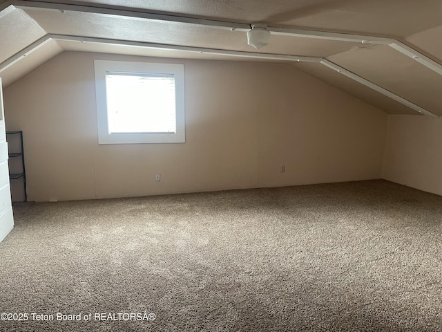 additional living space featuring carpet flooring, vaulted ceiling, and a textured ceiling