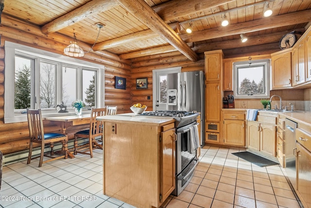 kitchen with a kitchen island, wood ceiling, light countertops, appliances with stainless steel finishes, and decorative light fixtures