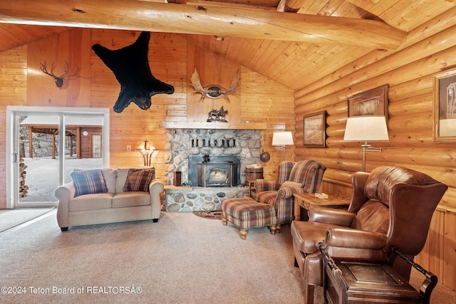 carpeted living room with high vaulted ceiling, wooden ceiling, log walls, and beam ceiling