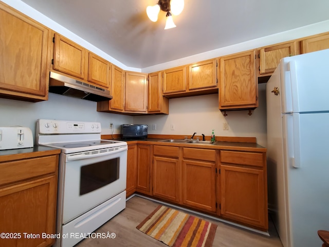 kitchen with brown cabinetry, white appliances, a sink, and under cabinet range hood