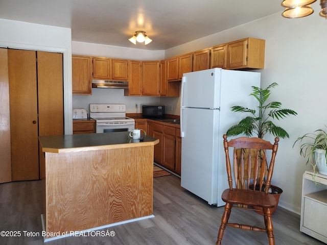 kitchen featuring white appliances, under cabinet range hood, a kitchen island, and wood finished floors